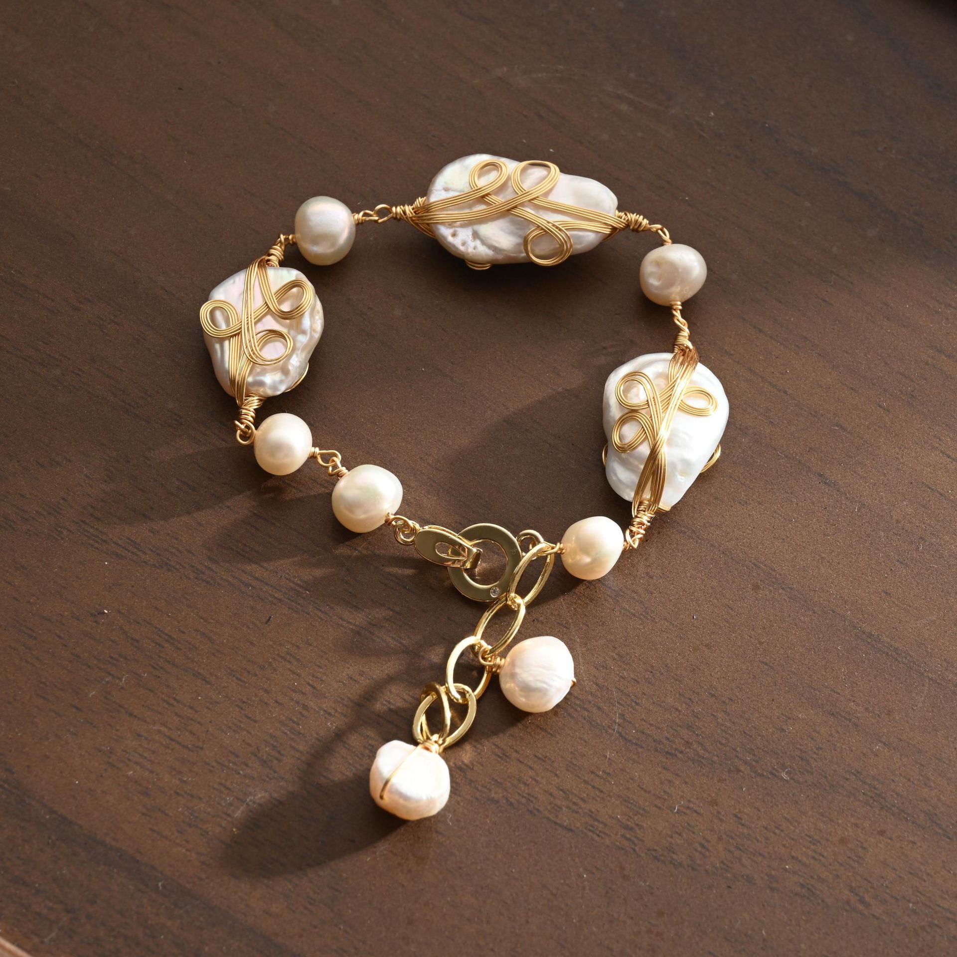 Handmade Baroque Pearl Bracelet – Gold Thread with Freshwater Pearls - Image 2