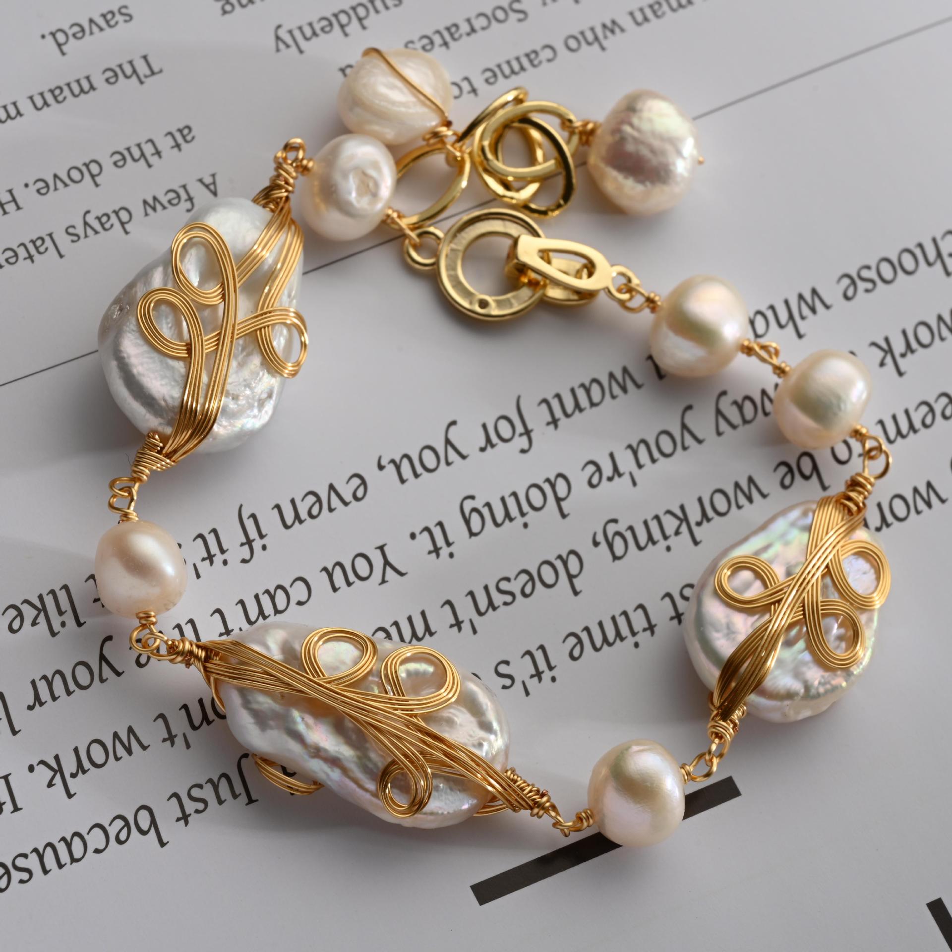 Handmade Baroque Pearl Bracelet – Gold Thread with Freshwater Pearls - Image 4