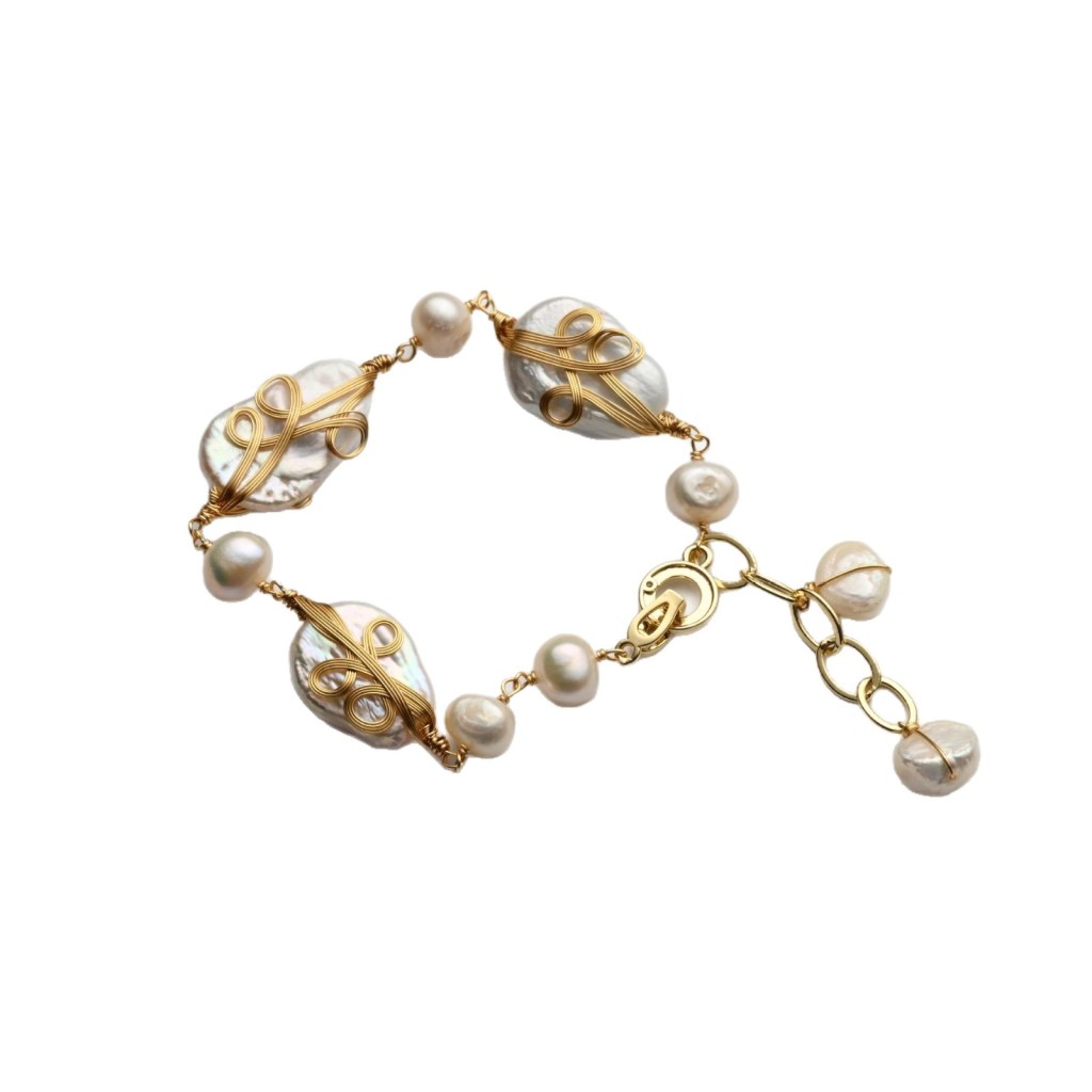 Handmade Baroque  Pearl Bracelet – Gold Thread with Freshwater Pearls